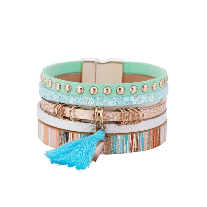 Bracelet Multicouche En Cuir Coloré Pompon Bohème