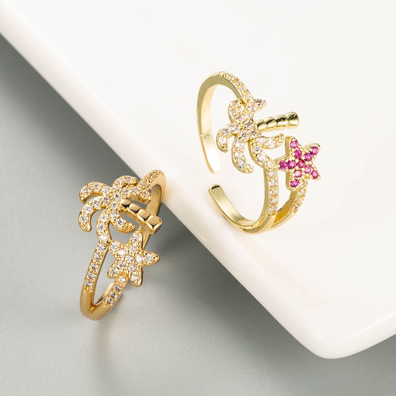 Fashion Copper Gold-plated Micro-inlaid Zircon Palm Tree Starfish Shape Ring