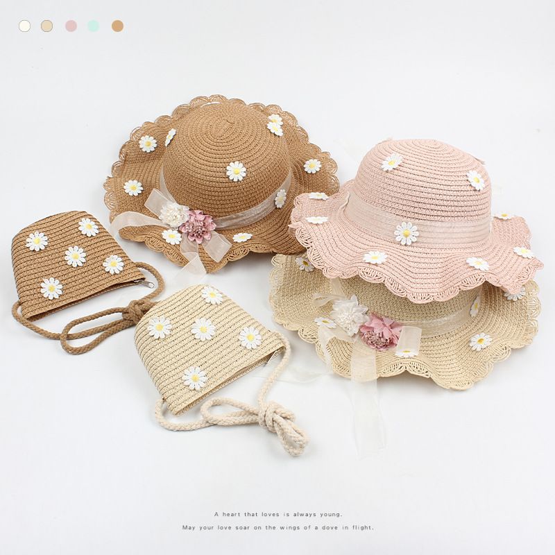Sombreros De Paja De Sombrilla Con Lazo Para Niños Bolsos Diagonales De Flores Coreanas