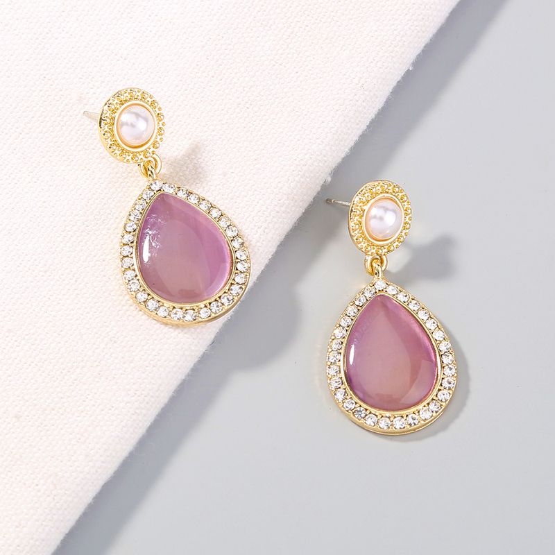 Retro Pearl Diamond Opal Water Drop Earrings