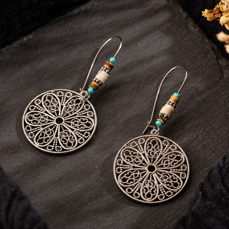 Retro Old Hollow Round Flower Alloy Long Earrings