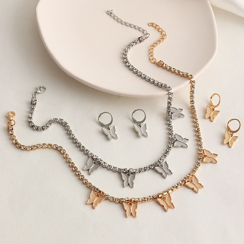 Fashion Rhinestone Butterfly Earrings Necklace Set