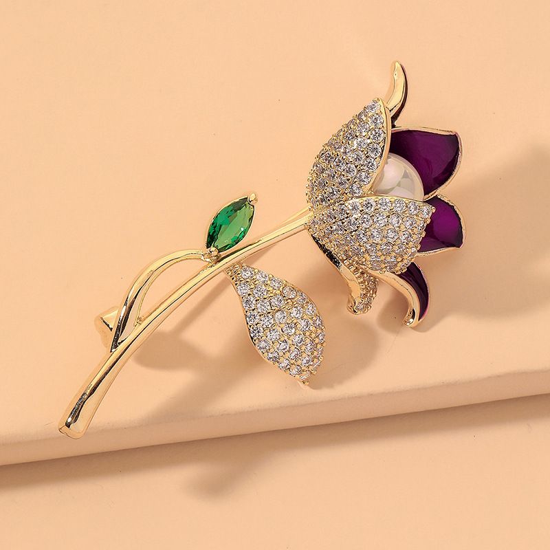 Fashion Diamond Rose Flower Pearl Brooch