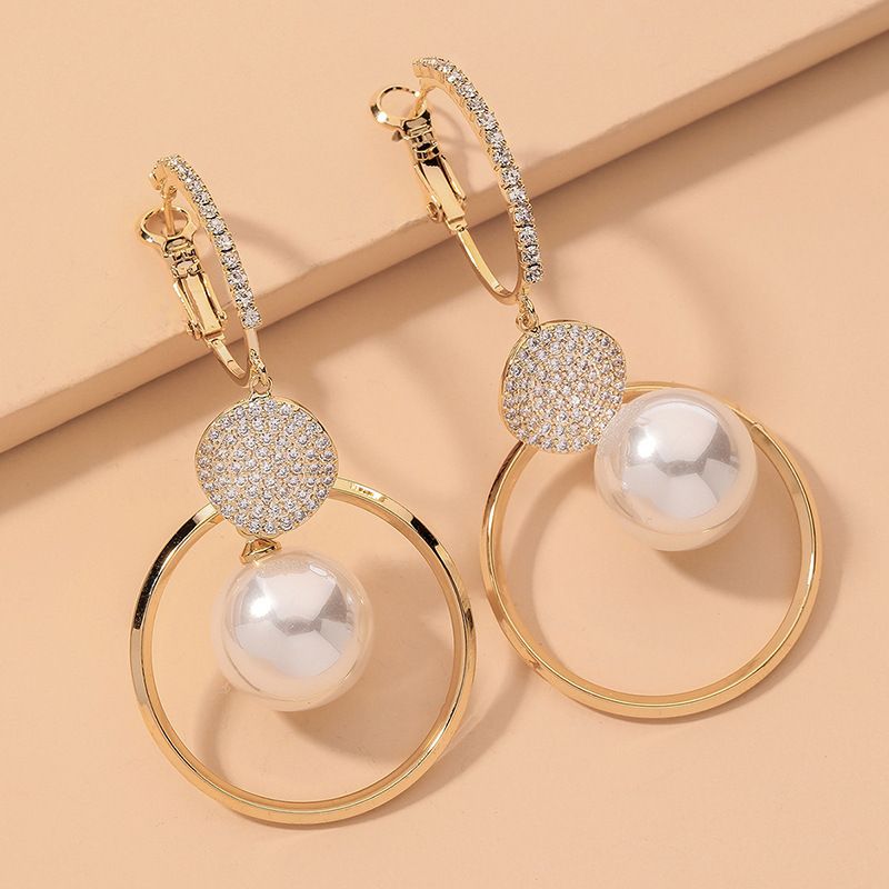 Fashion Rhinestone Circle Pearl Long Earrings