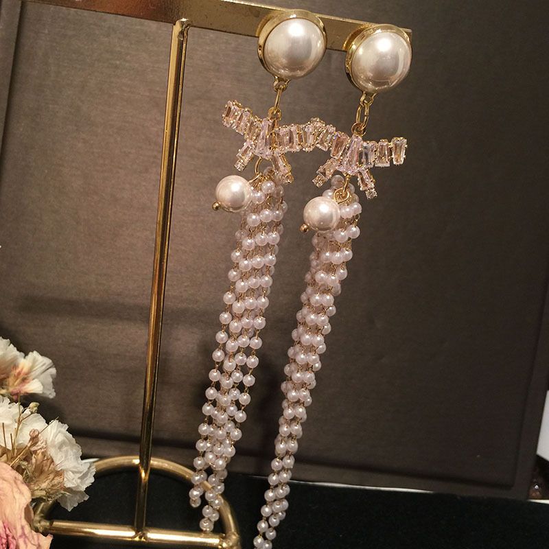Fashion Pearl Bowknot Long Tassel Earrings
