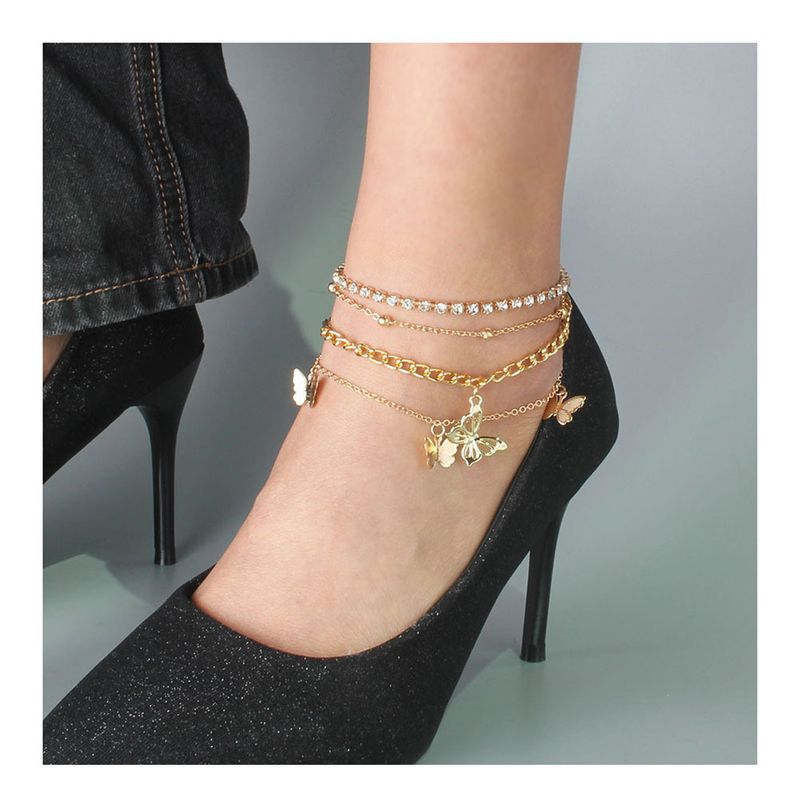 Fashion Butterfly Rhinestone Multi-layer Alloy Anklet Wholesale