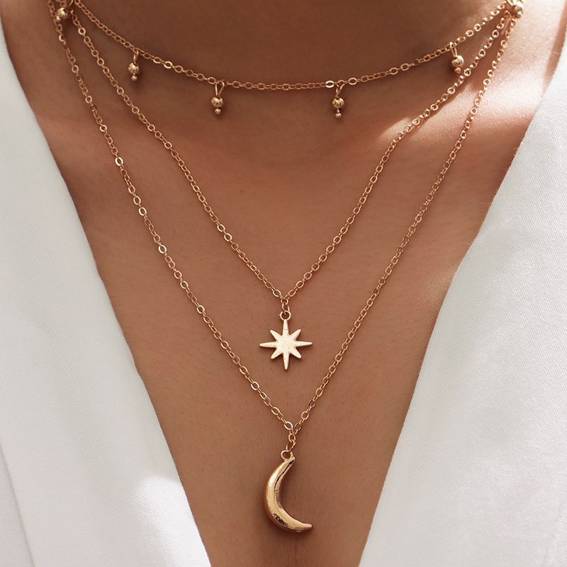 Collar Multicapa De Estrella De Luna Chapado En Oro De Nueva Moda