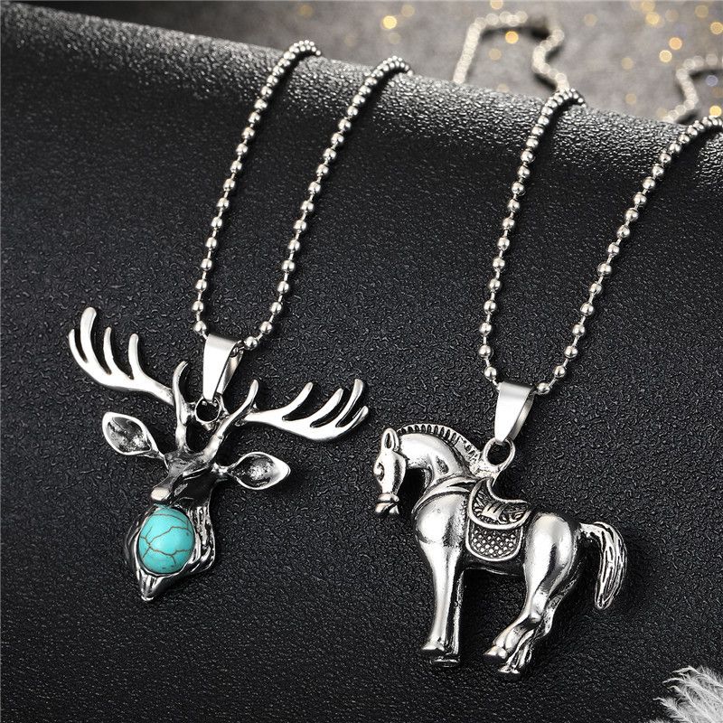 Fashion Pony Green Turquoise Deer Head Animal Alloy Necklace