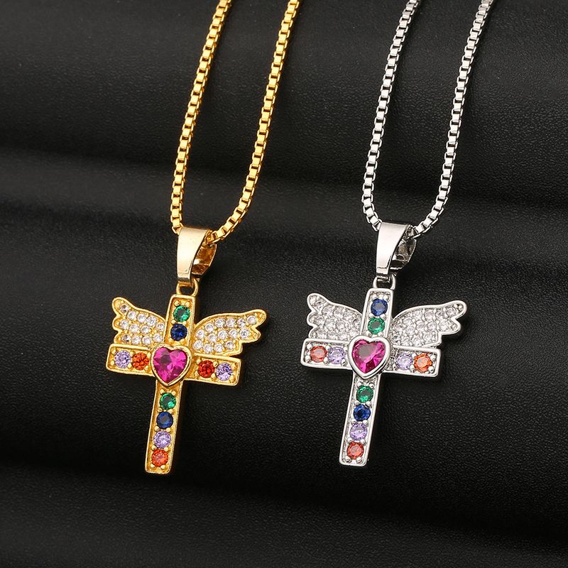 Fashion Cross Angel Wings Copper Inlaid Zircon Necklace Wholesale
