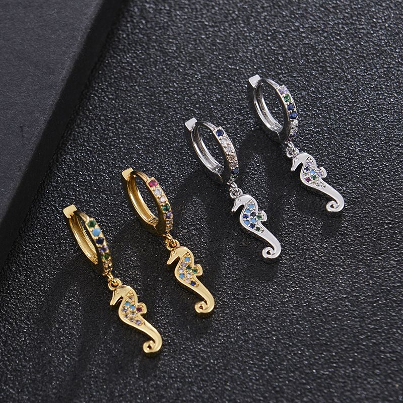 Fashion Geometric Small Hippocampus Copper Inlaid Zircon Earrings Wholesale