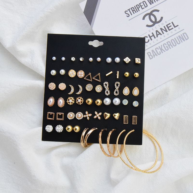 Simple Heart Circle Inlaid With Rhinestones Geometric Earrings Set 30 Pairs Wholesale