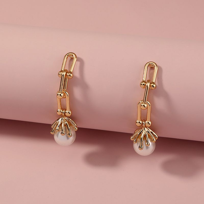 S925 Silver Needle Fashion U-shaped Chain Baroque Pearl Tassel Pendant Earrings