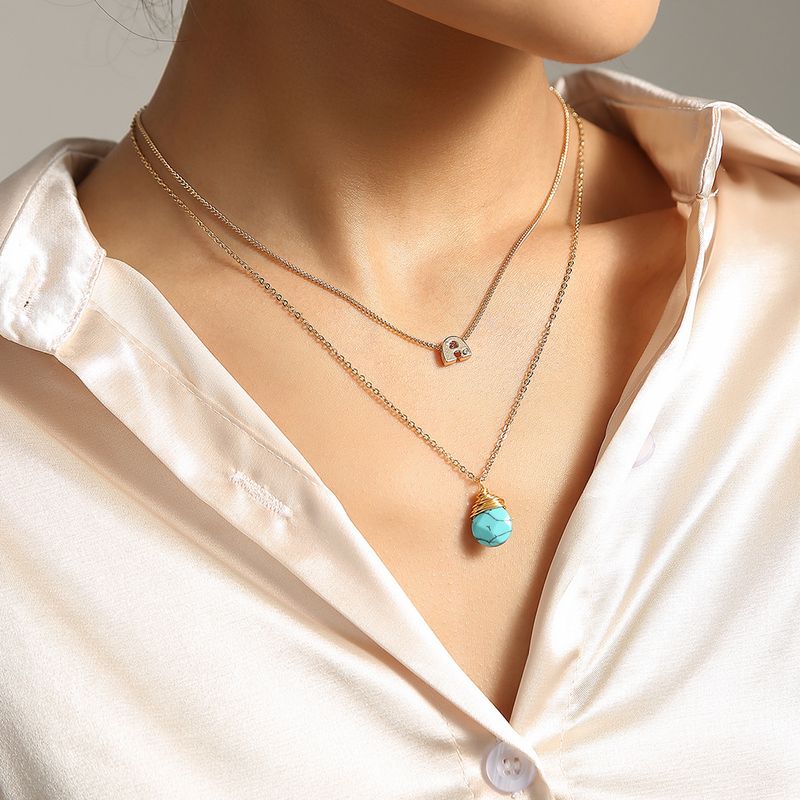 Fashion Geometric Turquoise Water Drop Double Layer Alloy Necklace