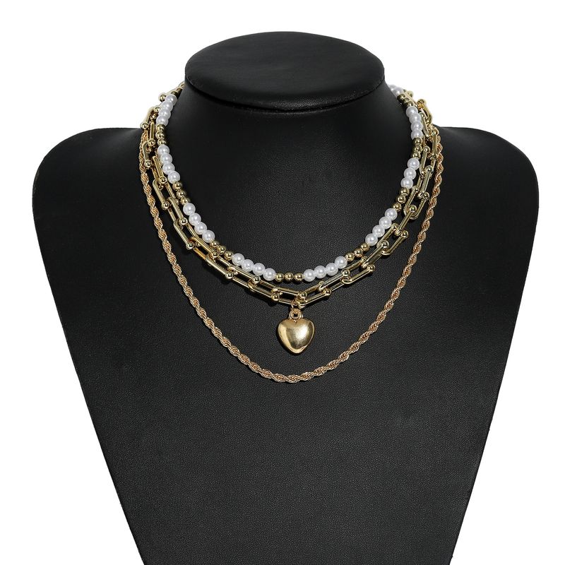 Fashion Geometric Pearl Heart-shape Multi-layer Alloy Necklace Wholesale