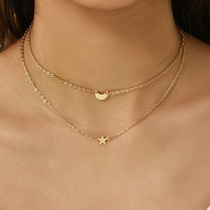 Simple Crescent Star Shape Women's Double Layer Necklace