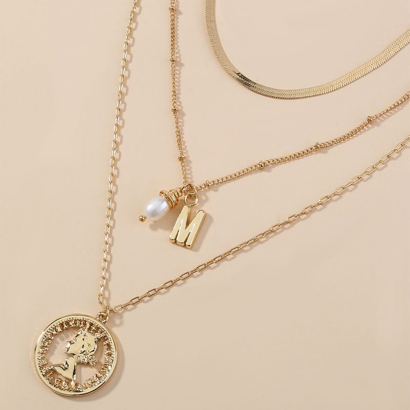 Retro Portrait Round Alloy Letters Stacked Multi-layer Necklace