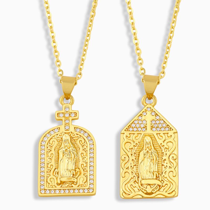 Collar De Circón Con Incrustaciones De Cobre Con Cruz De Virgen María De Moda Al Por Mayor