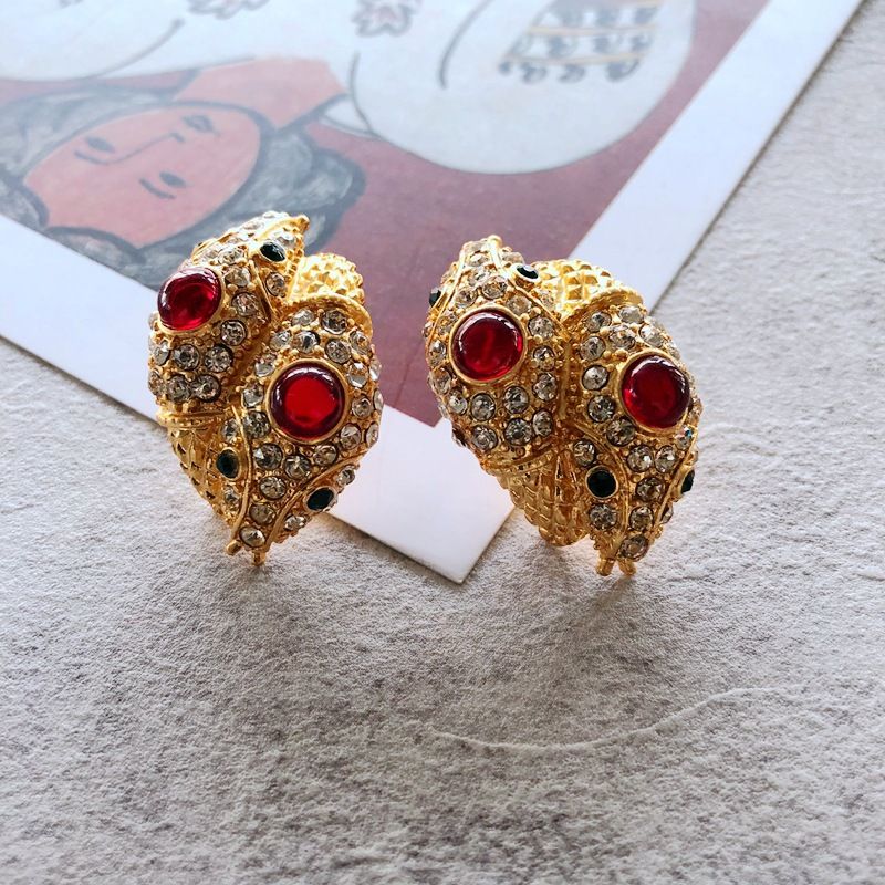 Silver Needle Electroplating Real Gold Red Gemstone Diamond Stud Earrings