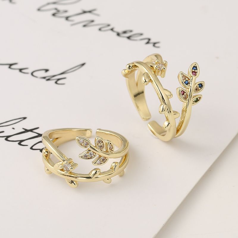 Fashion Gold Geometric Leaf Copper Inlaid Zircon Rings Wholesale