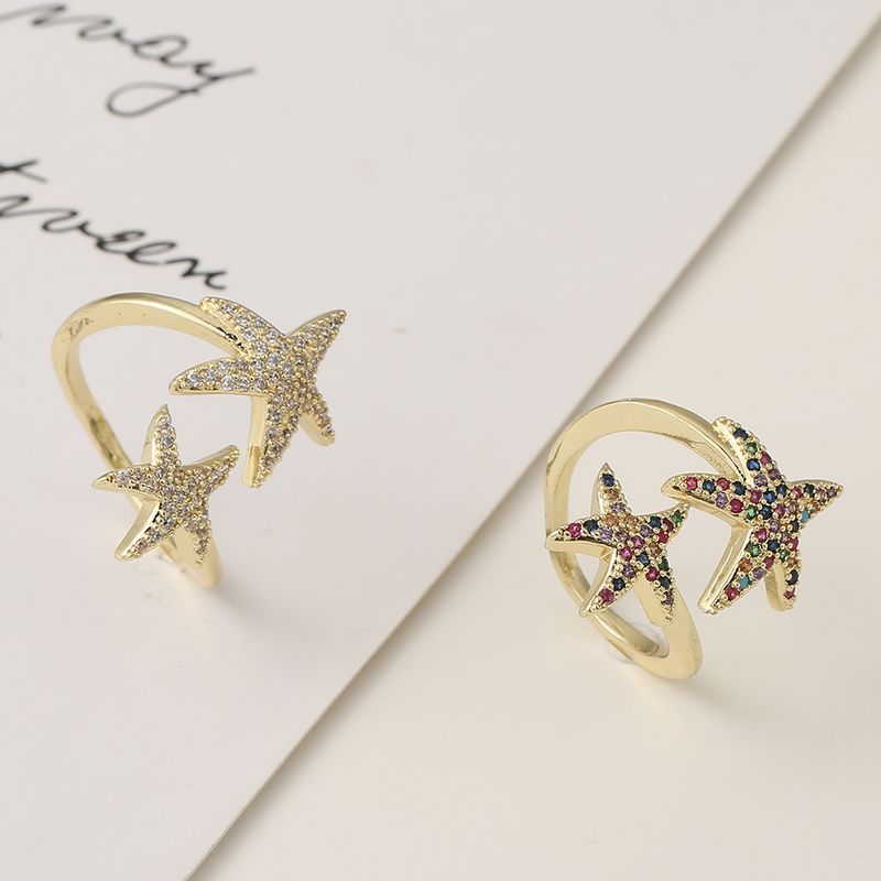 Anillos De Circón Con Incrustaciones De Cobre De Estrella De Cinco Puntas De Estrella De Mar De Moda Al Por Mayor