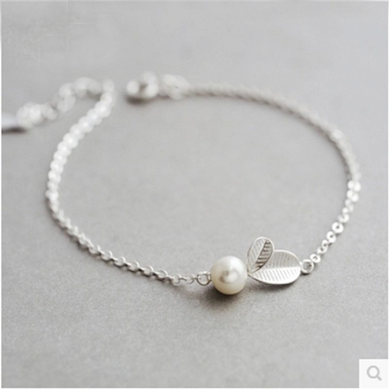 S925 Sterling Silver Fashion Style Small Leaf Pearl Bracelet