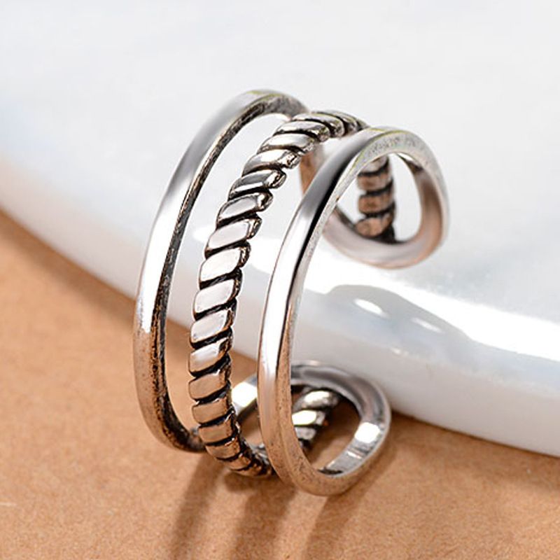 Retro S925 Sterling Silver Twist Multi-layer Open Ring