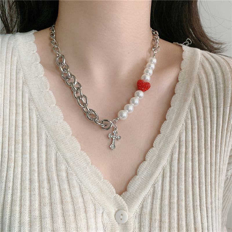 Fashion New Style Simple Cross Red Love Pearl Necklace