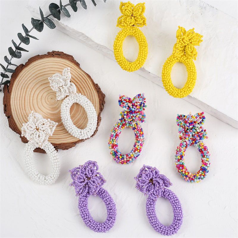 Bohemian Geometric Woven Flower Rice Bead Earrings