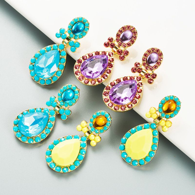 Fashion Alloy Inlaid Drop-shaped Color Rhinestone Pendant Earrings