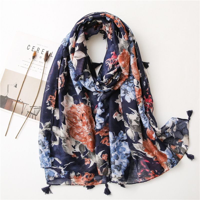 Korean Fashion Style New Blue Flowers Pastoral Style Scarf