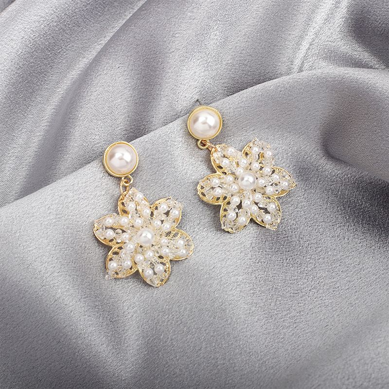 Pendientes De Flores De Cristal De Perlas De Estilo Coreano De Moda