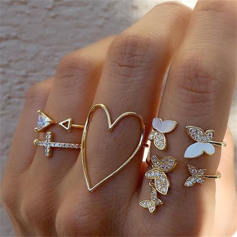 Nouveau Style Mode Croix Triangle Amour Coeur Creux Plein Diamant Dégoulinant Papillon Anneau 5 Pièces Ensemble