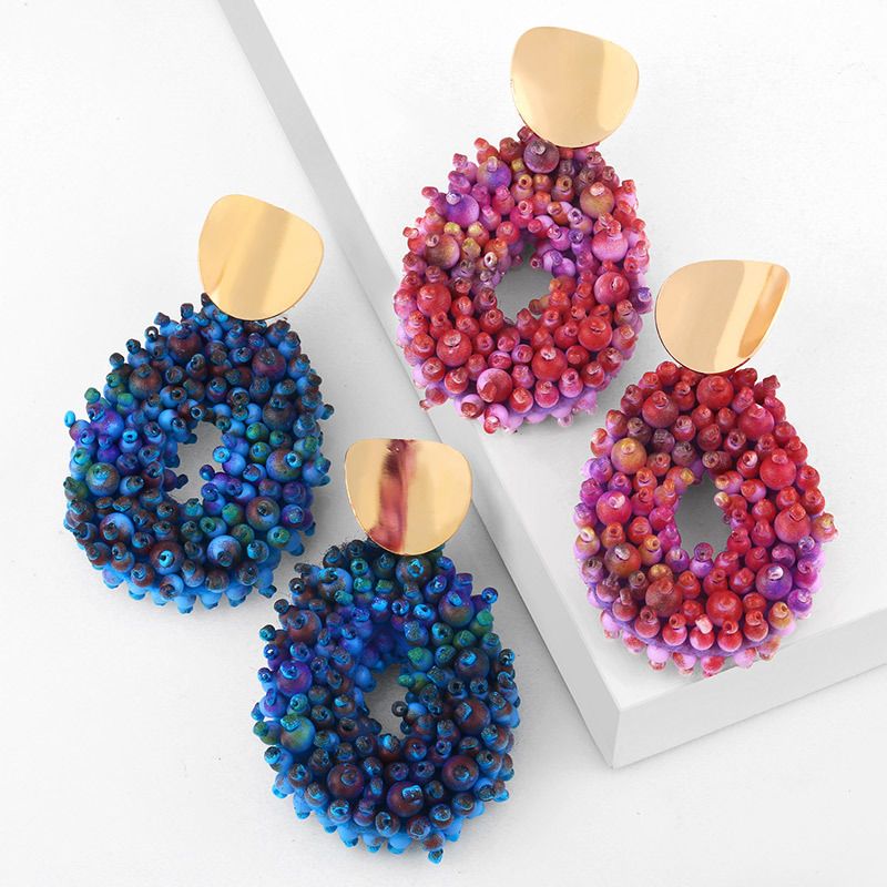 Bohemian Style Metal Circle Rice Beads Drop Earrings