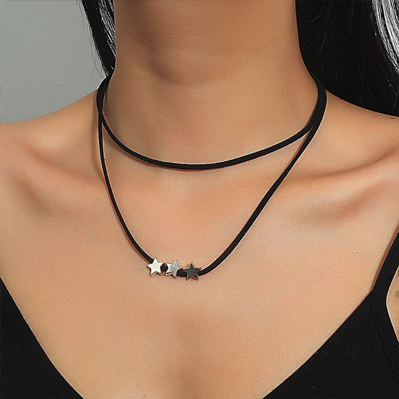 Simple Star Heart Dragonfly Black Braided Rope Double-layer Necklace