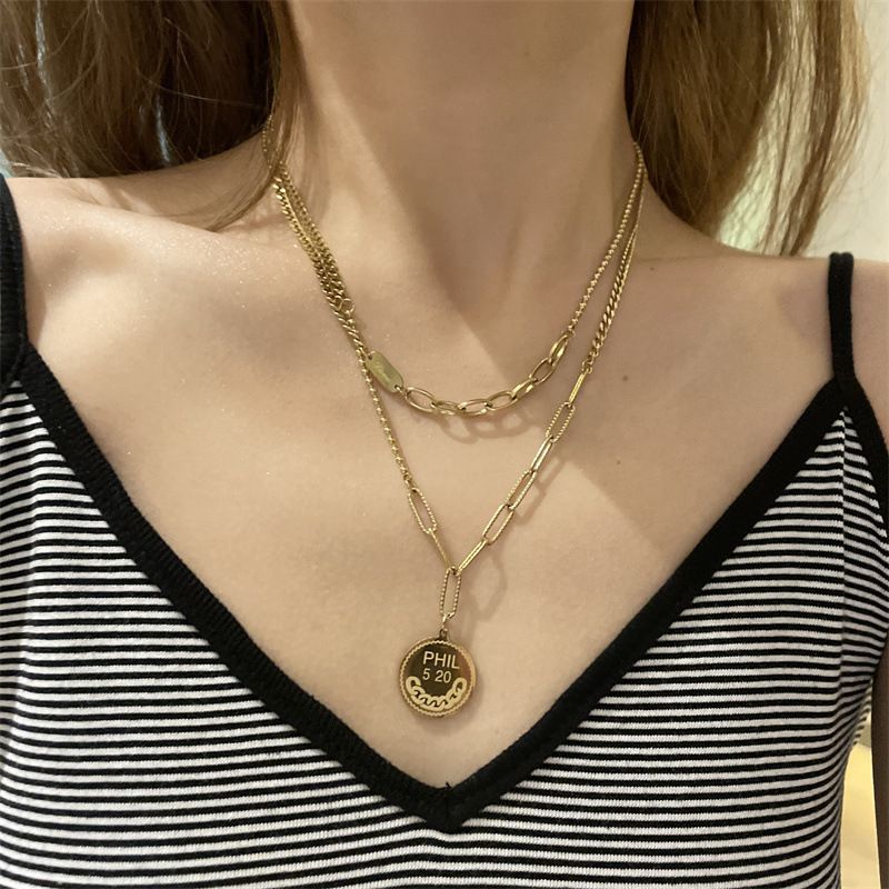 Fashion Gold Coin Pendant Double-layer Necklace