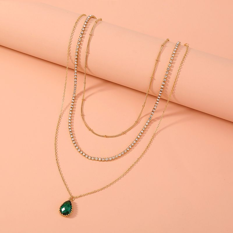 Simple Multi-layer Emerald Zircon Water Drop Necklace
