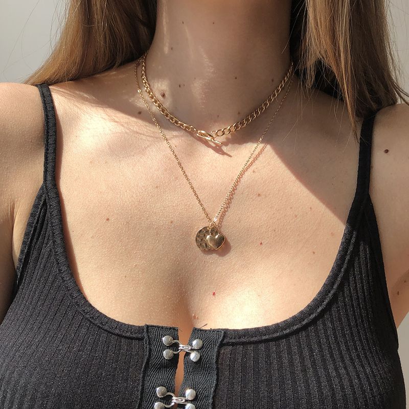 New Fashion Love Heart Round Multi-layer Alloy Simple Retro Necklace