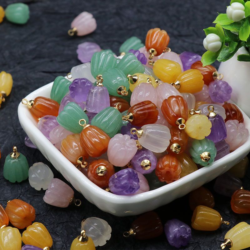 Natural Crystal Agate Jade Carved Pumpkin Flower Pendant Diy Jewelry Accessories Wholesale