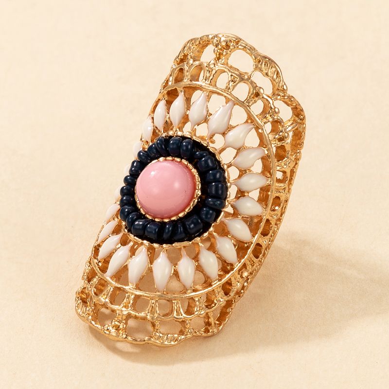 Retro Hollow Bead Pink Gem Alloy Ring