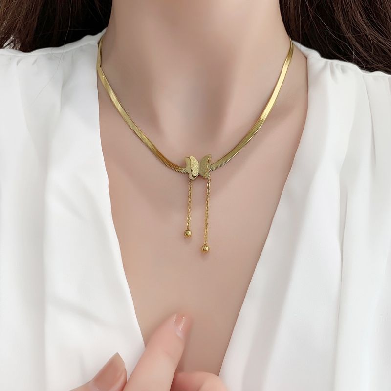 Korean Butterfly Tassel Titanium Steel Rose Gold Necklace