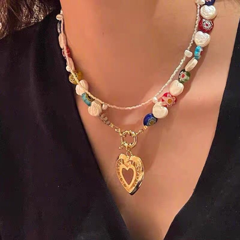 Retro Blume Perlen Herz Hängende Perle Halskette Großhandel