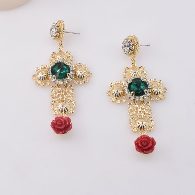 Baroque Style Emerald Rose Golden Hollow Cross Pearl Earrings