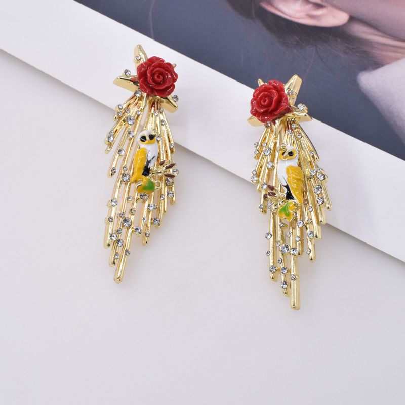Fashion Diamond Tassel Rose Flower Metal Long Earrings