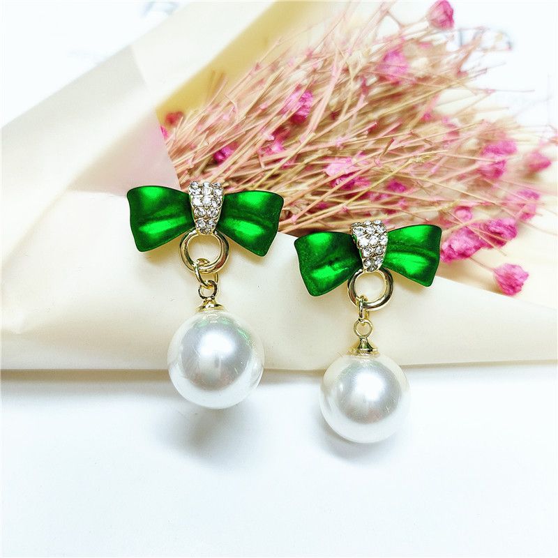 Korean Diamond Green Bow Large Pearl Earrings