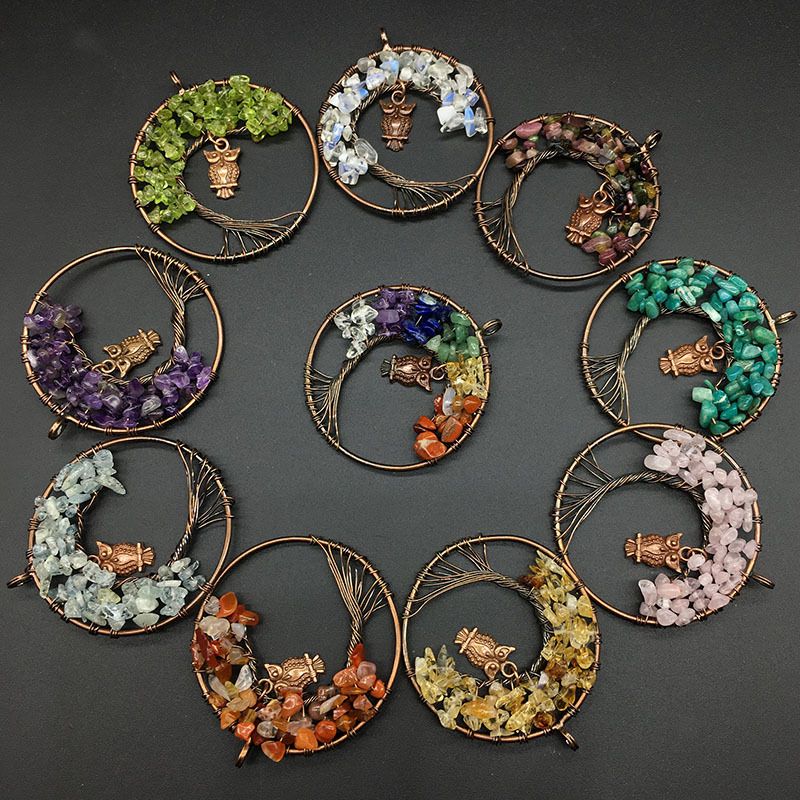 Agate Crystal Crushed Stone Tree Of Life Owl Colorful Pendant Necklace