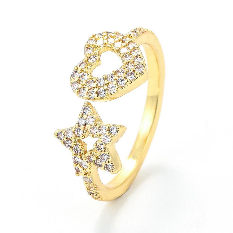 Fashion Micro-inlaid Stars Peach Heart-shaped Opening Adjustable Ring