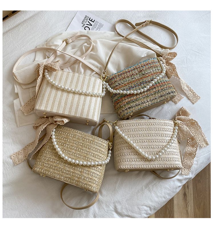 Sac Tissé En Paille Aux Aisselles Avec Chaîne De Perles À La Mode