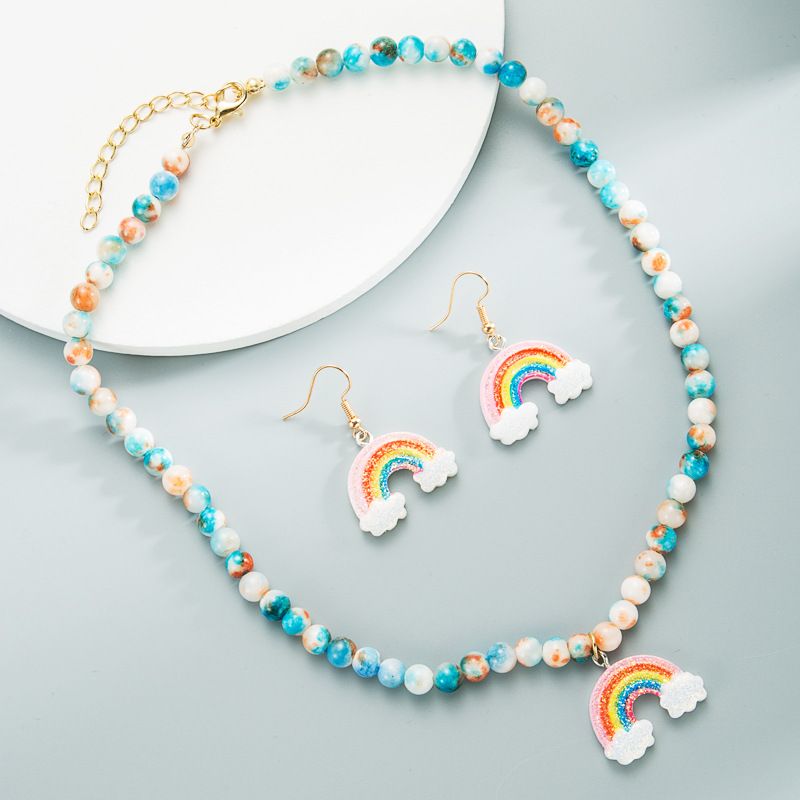 Perles Bleues Imitation Jade Boucles D&#39;oreilles Collier Bohème Ensemble Bijoux Arc-en-ciel