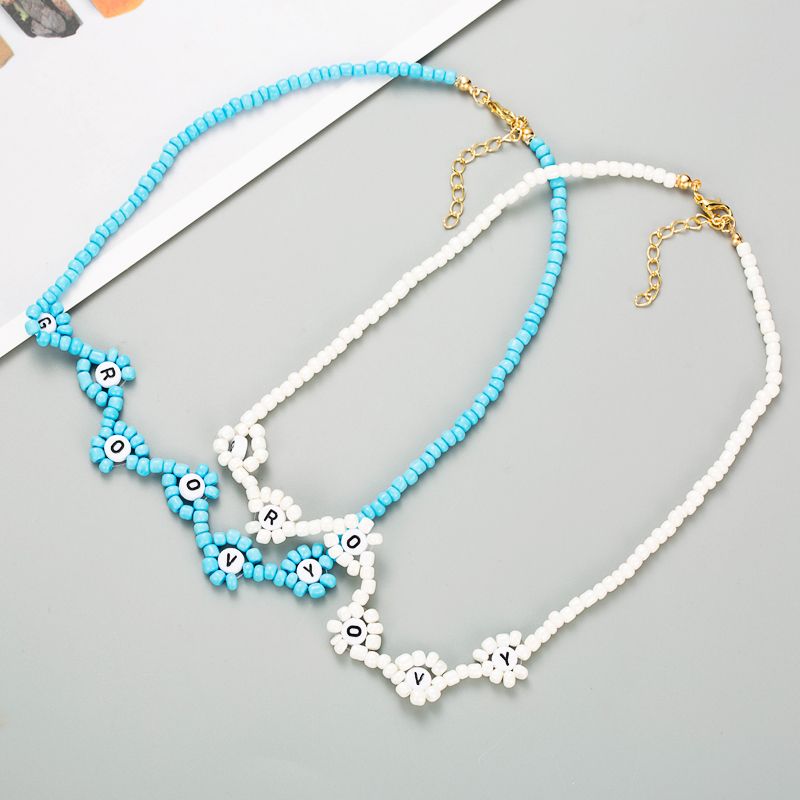 Creative Blue Rice Beads English Letters Handmade Beaded Bohemian Retro Style Necklace