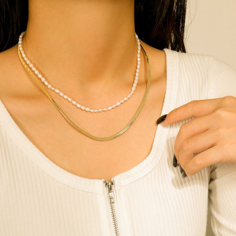 Fashion Double-layer Pearl Chain 14k Gold Stainless Steel Necklace